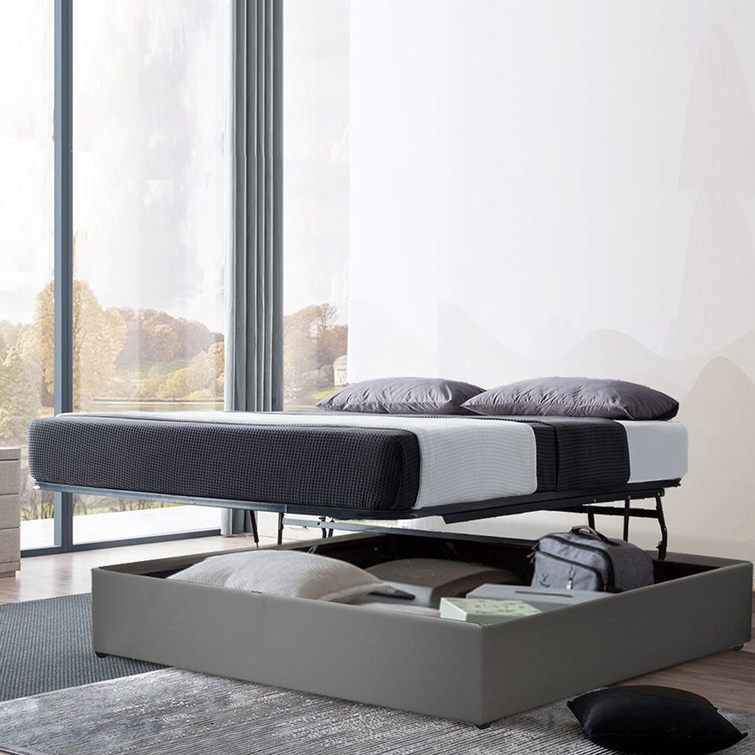 Lit coffre Lounge novateur simili cuir gris : À ouverture horizontale, faire son lit devient facile !