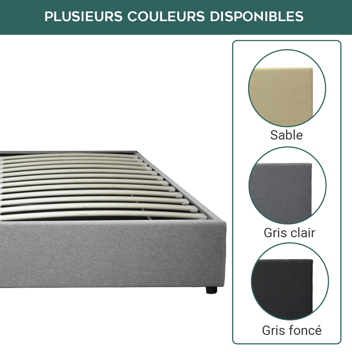 Lit coffre sommier relevable Futura inventif tissu chic gris : ouverture automatique télécommandée et sommier à lattes en bois flexibles