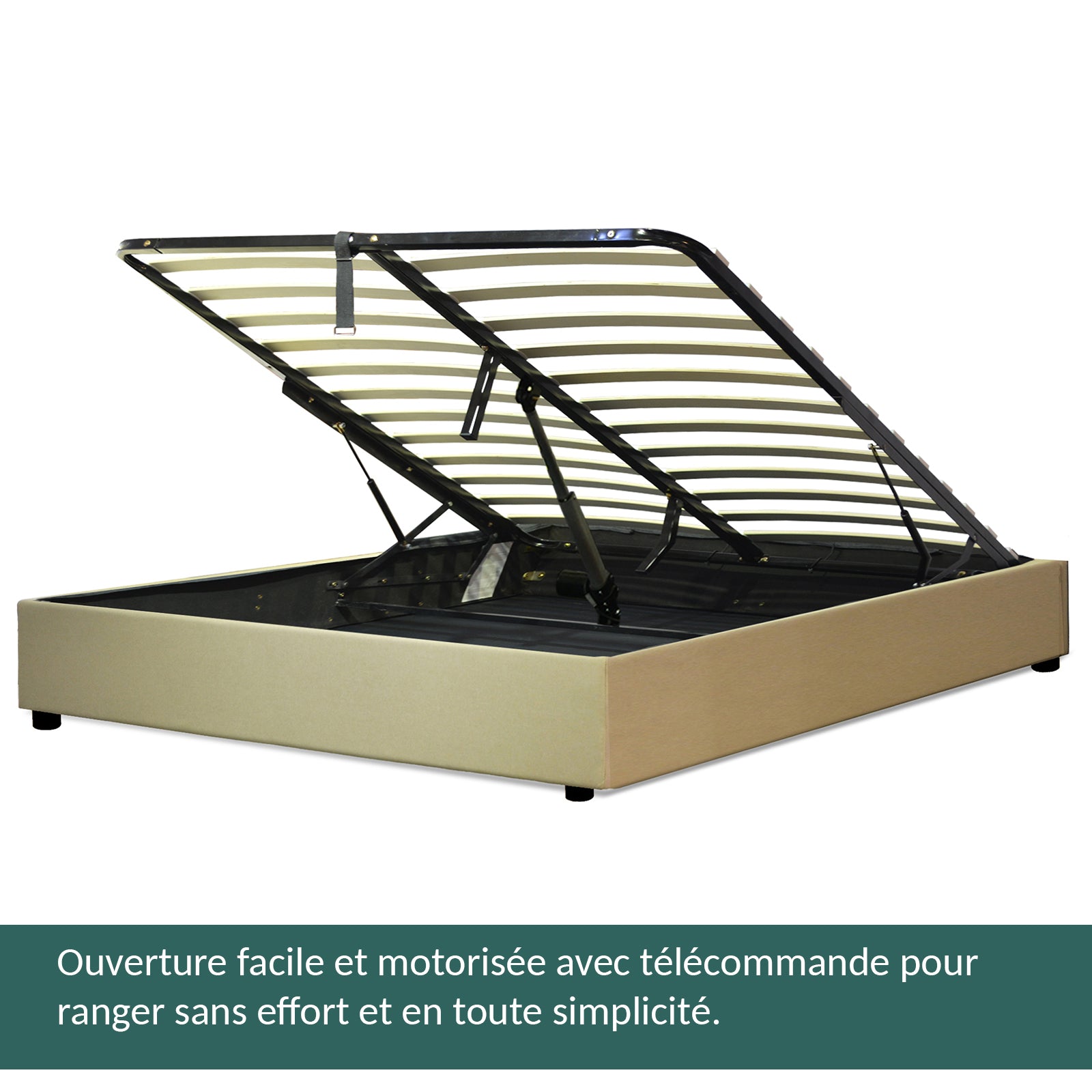 Lit coffre sommier relevable Futura inventif tissu chic sable : ouverture automatique télécommandée et sommier à lattes en bois flexibles