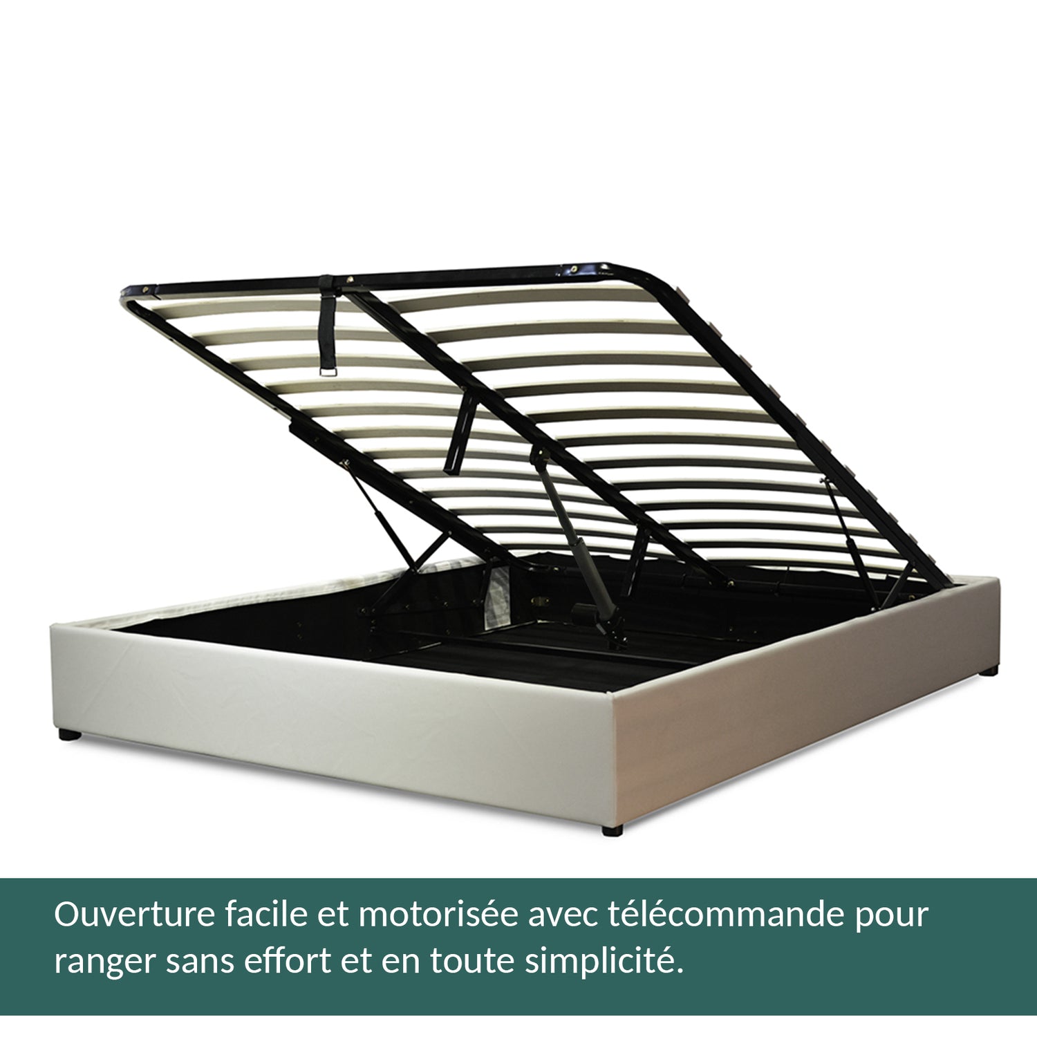 Lit coffre sommier relevable Futura inventif simili cuir blanc : ouverture automatique télécommandée et sommier à lattes en bois flexibles