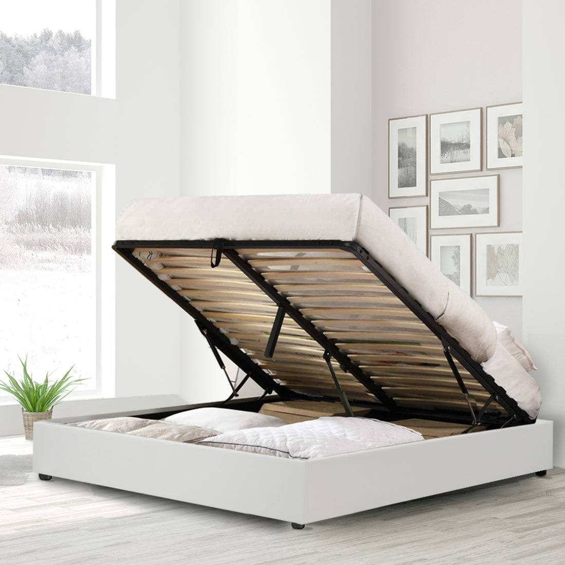 Lit coffre sommier relevable Futura inventif simili cuir blanc : ouverture automatique télécommandée et sommier à lattes en bois flexibles