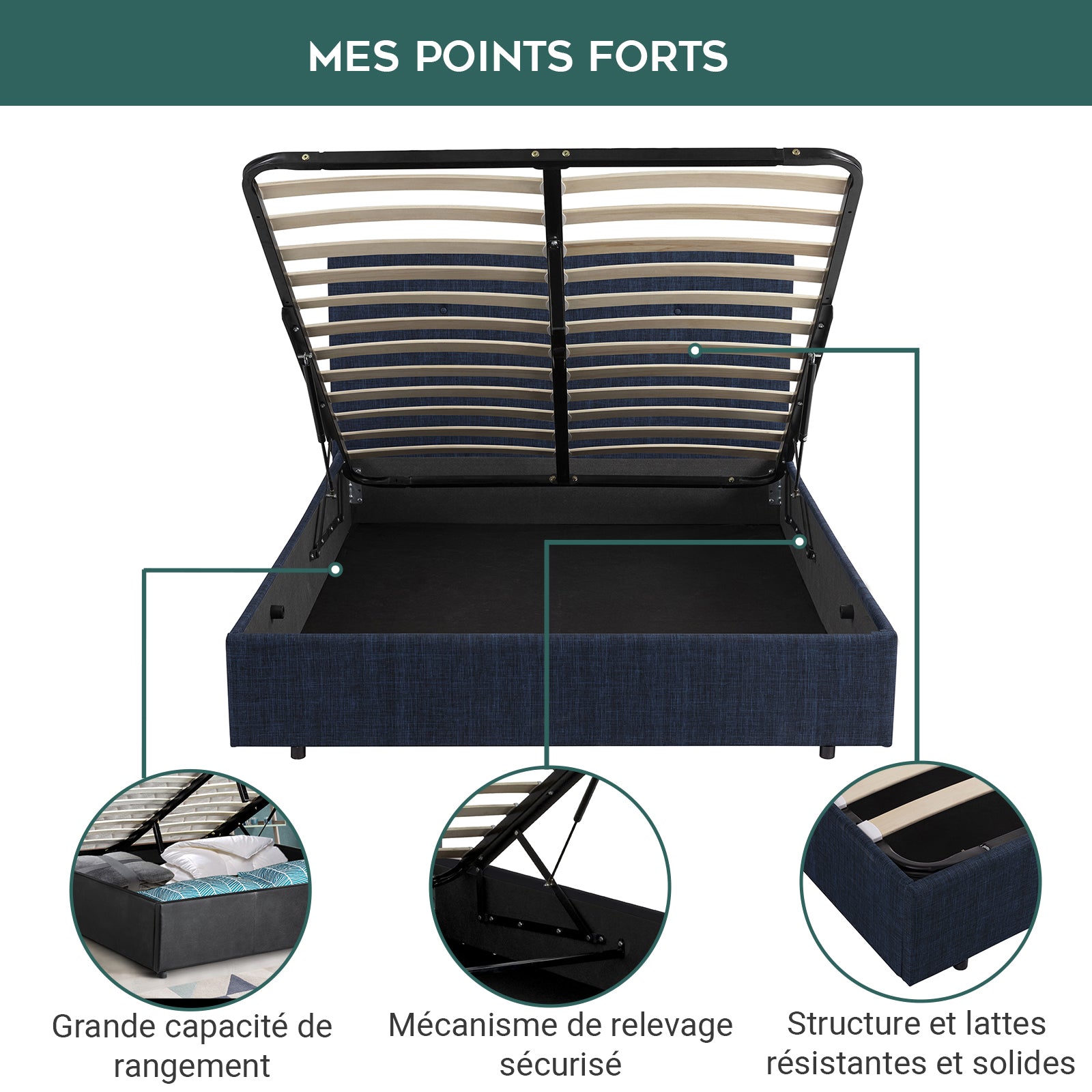 Lit coffre sommier relevable capitonné Prestigieux : Tissu et sommier à lattes en bois flexibles