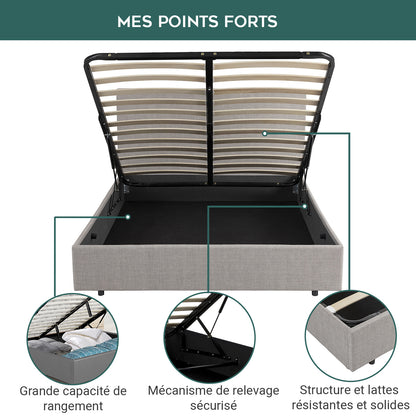 Lit coffre sommier relevable capitonné Prestigieux : Tissu et sommier à lattes en bois flexibles