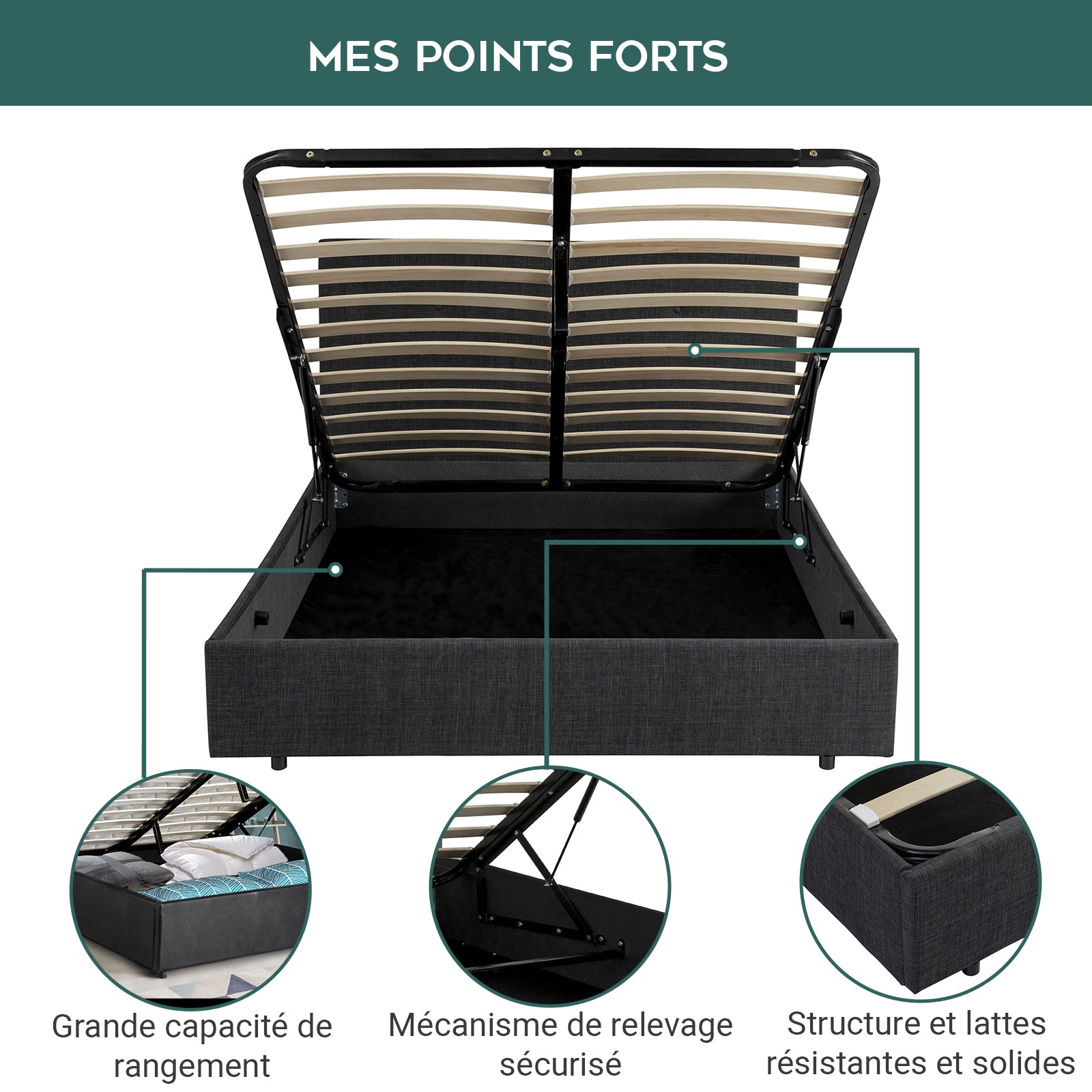 Lit coffre sommier relevable capitonné Prestigieux : Tissu et sommier à lattes en bois flexibles