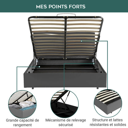 Lit coffre sommier relevable Majestueux moderne : Simili cuir et sommier à lattes en bois flexibles