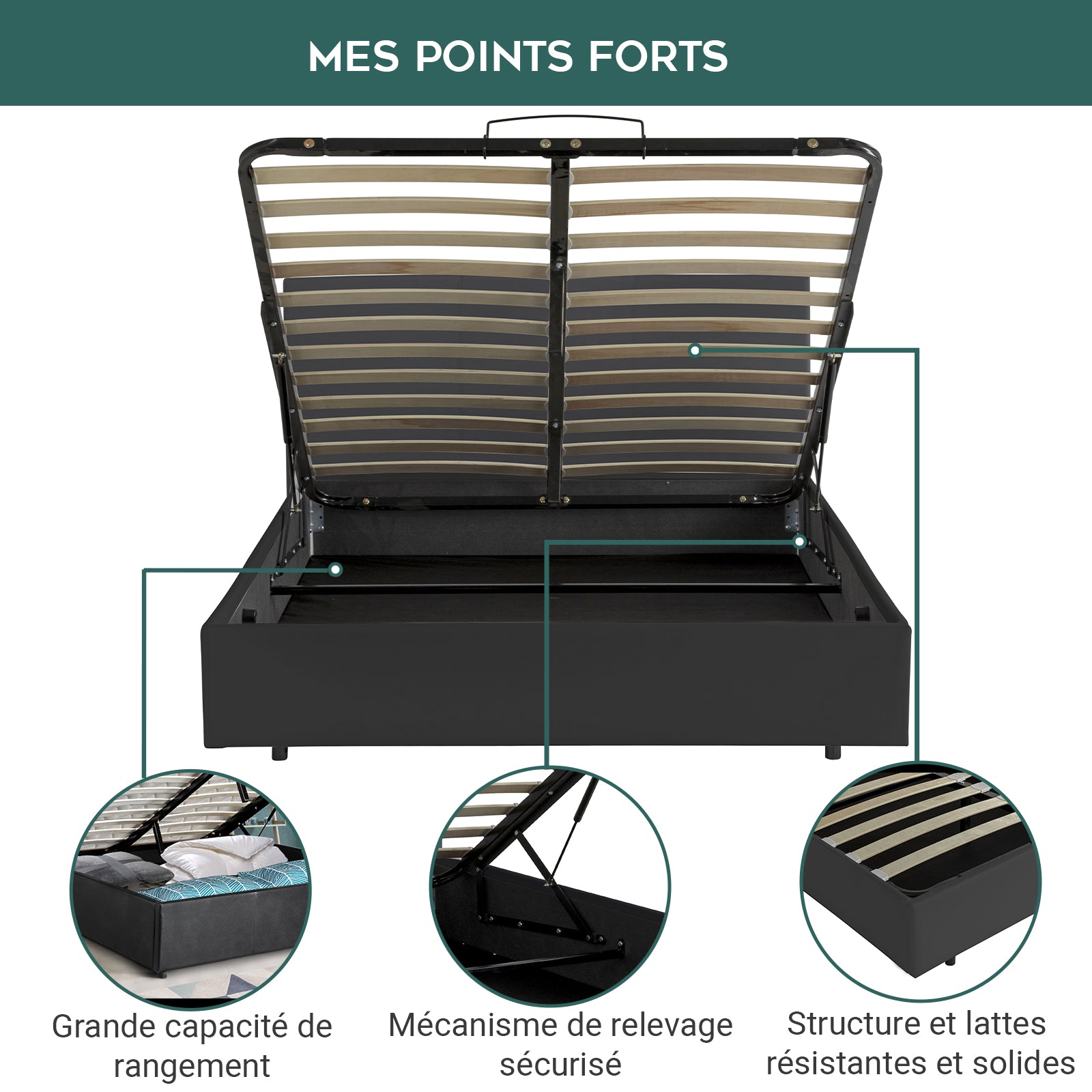 Lit coffre sommier relevable Majestueux moderne : Simili cuir et sommier à lattes en bois flexibles