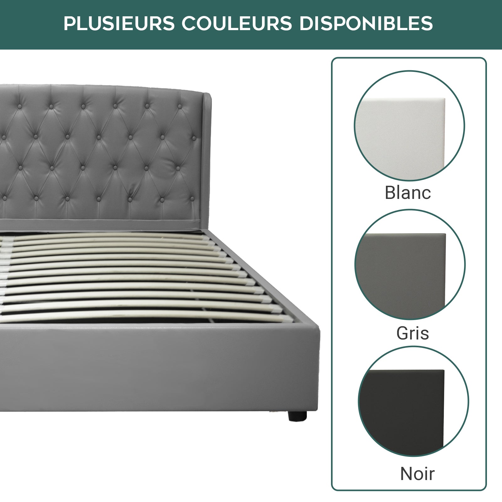 Lit coffre sommier relevable Monceau capitonné chic : tissu ou simili cuir et sommier à lattes en bois flexibles