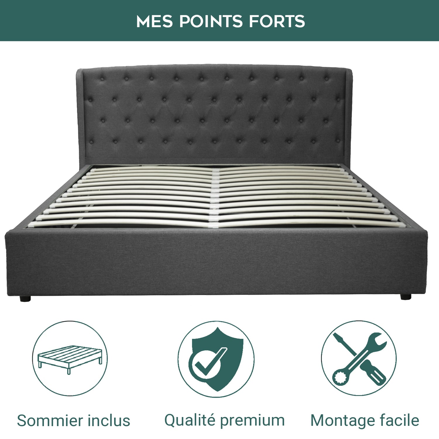 Lit coffre sommier relevable Monceau capitonné chic : tissu ou simili cuir et sommier à lattes en bois flexibles