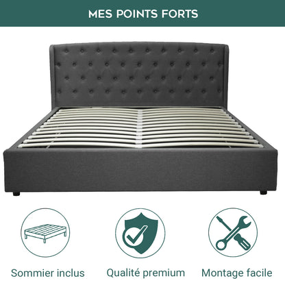 Lit coffre sommier relevable Monceau capitonné chic : tissu ou simili cuir et sommier à lattes en bois flexibles