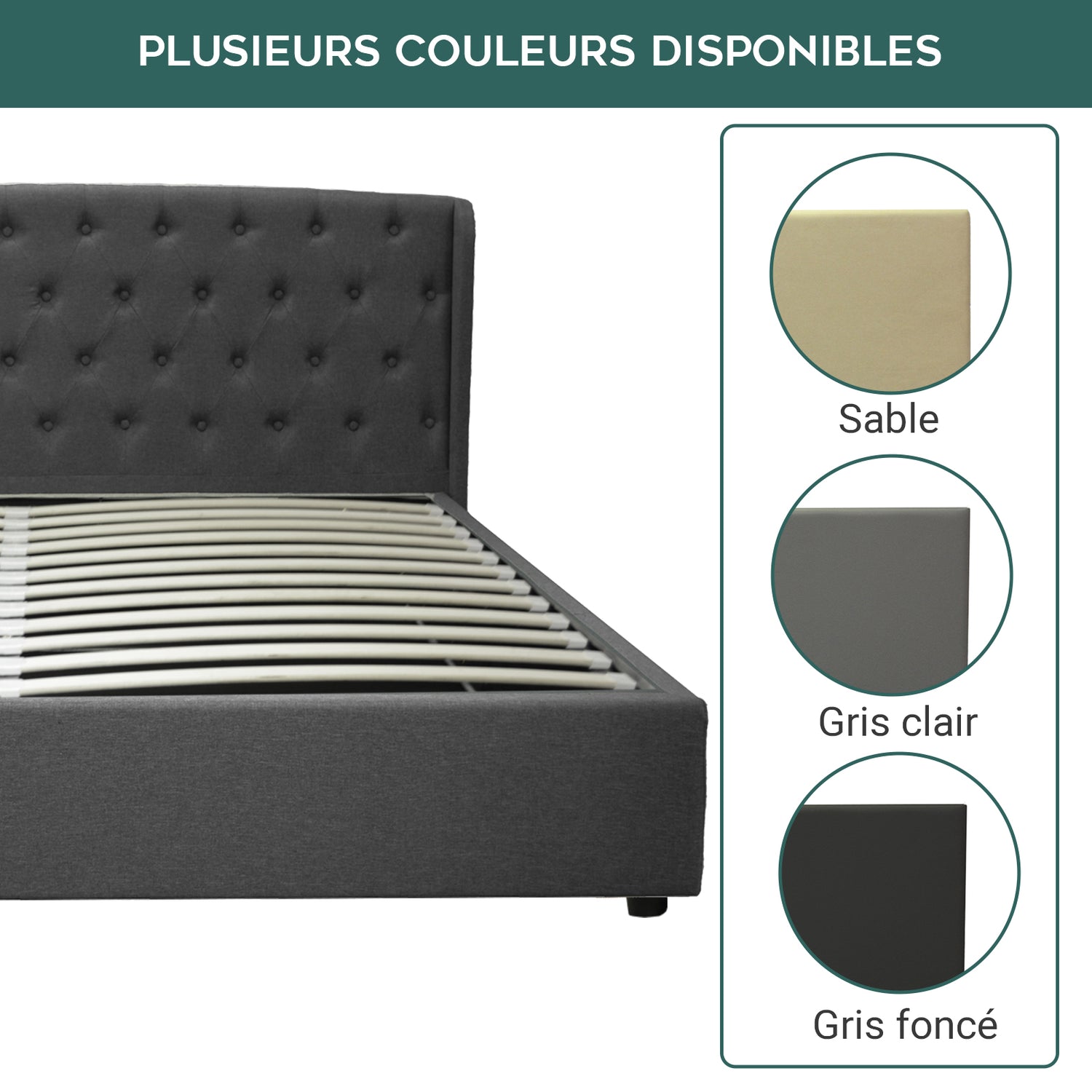 Lit coffre sommier relevable Monceau capitonné chic : tissu ou simili cuir et sommier à lattes en bois flexibles